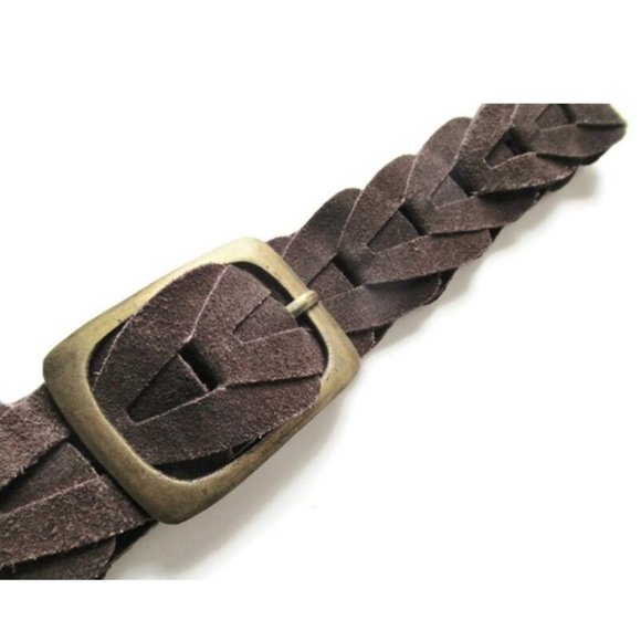 Vintage Dark Brown Belt Braided Suede Interlocking Links Unisex Leather S / M - Picture 4 of 5